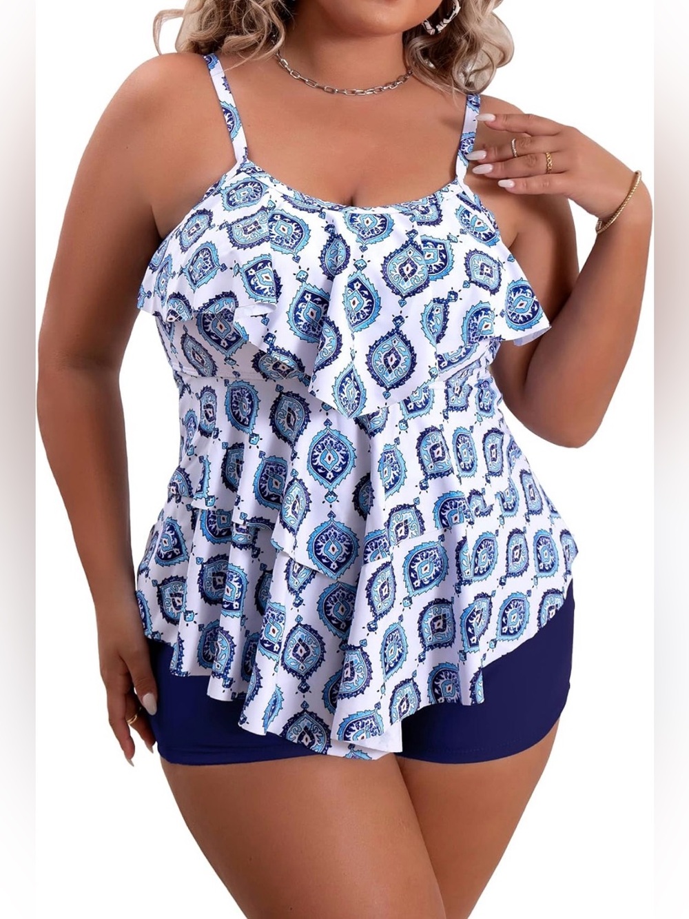 0160: Plus Size Blue Paisley Ruffle Swim Coverup Tankini